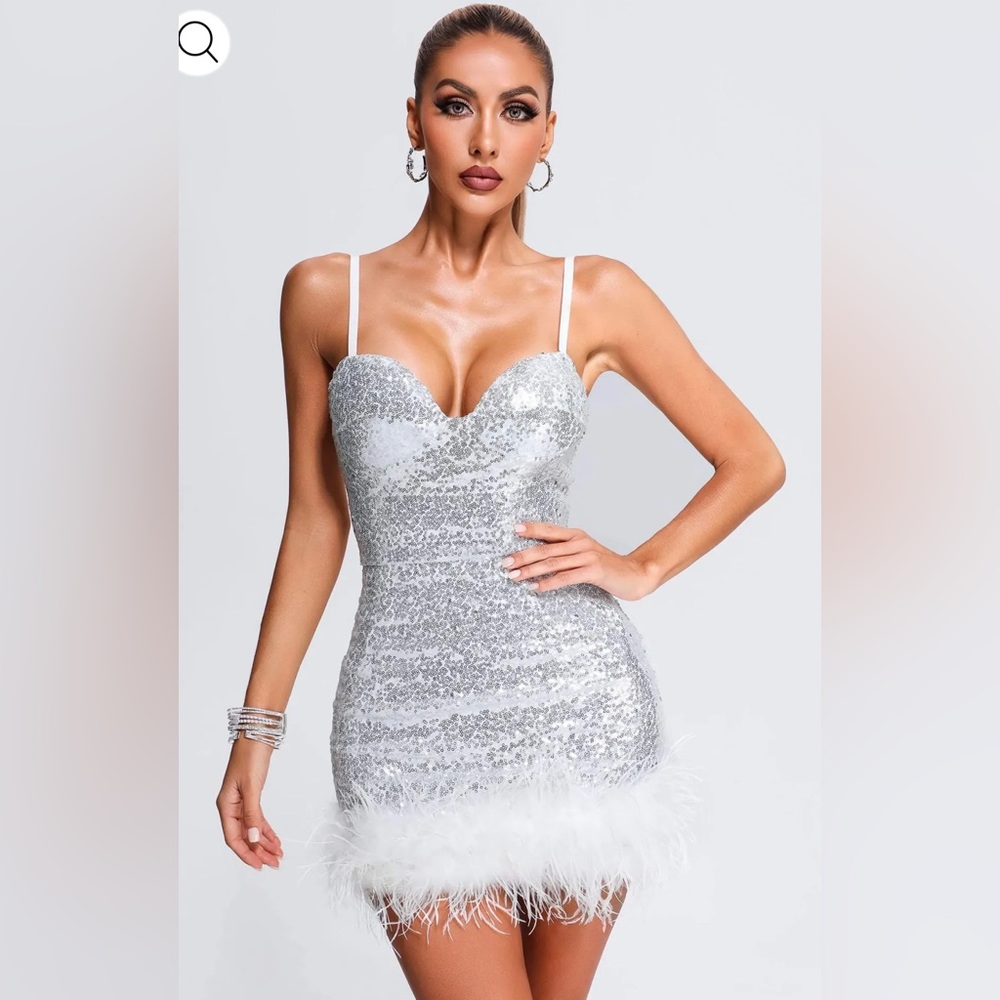 Silver Sequin Feather Detailed Mini Dress Women Size XS